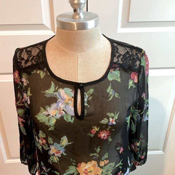 LILY ROSE FLORAL SHEER BLOUSE GU SZ S VERSATILE - Picture 2 of 11